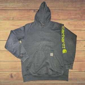 CARHARTT Charcoal Grey Midweight Construction Hoodie Pocket Green Logo On Sleeve